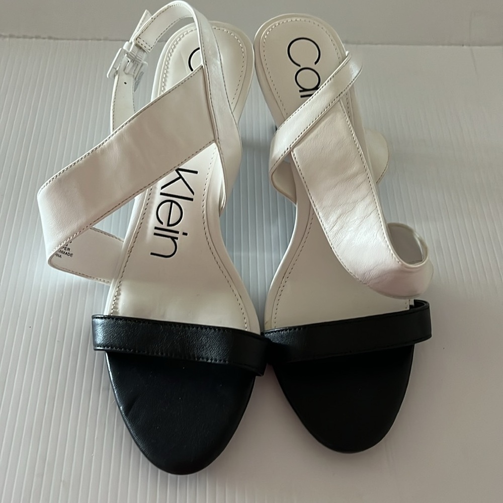 Calvin Klein Lancy Black White Leather Asymmetrical Adjustable Strap Heel 7.5